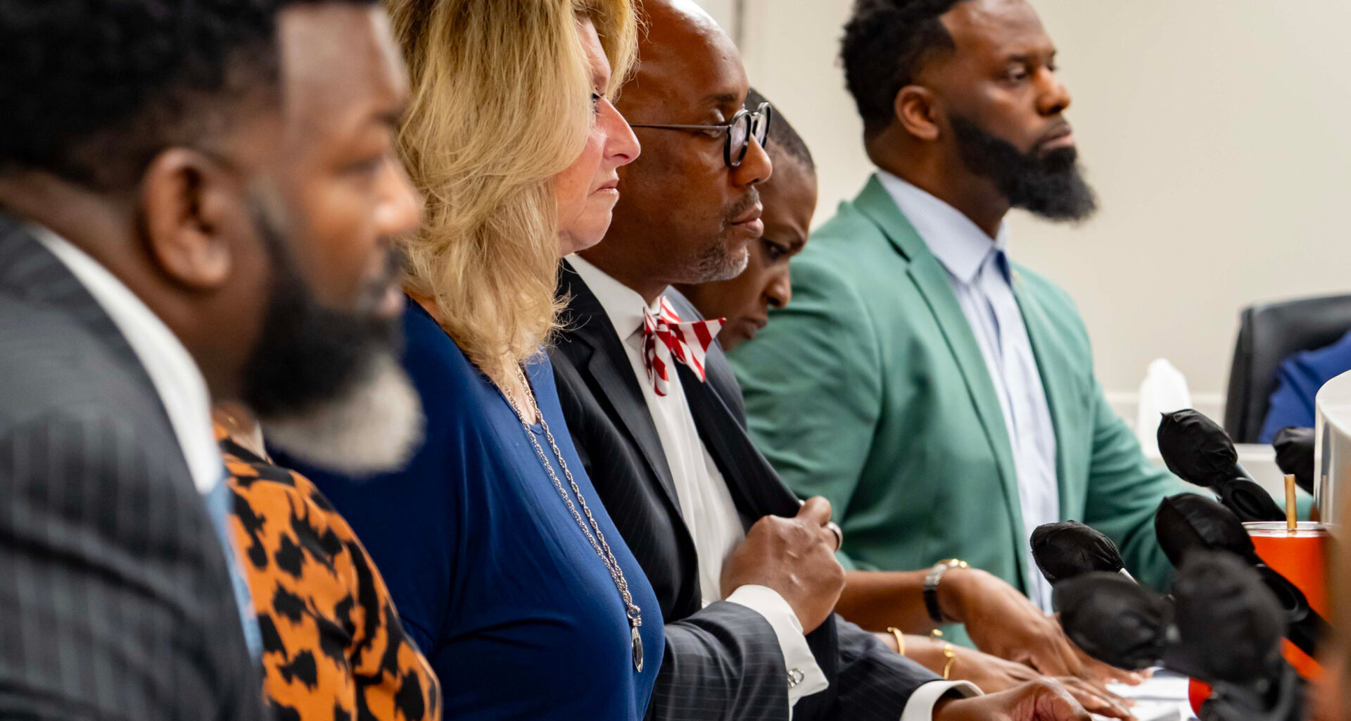 Bessemer City Council members listen as residents express their concerns about a proposed hyperscale data center during a July meeting. Credit: Lee Hedgepeth/Inside Climate News