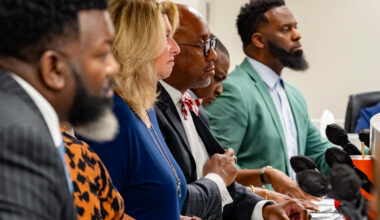 Bessemer City Council members listen as residents express their concerns about a proposed hyperscale data center during a July meeting. Credit: Lee Hedgepeth/Inside Climate News