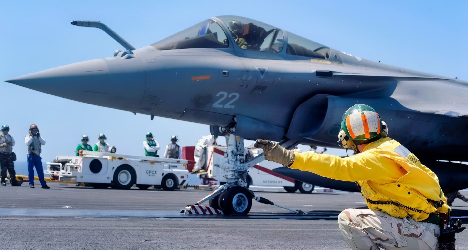 (July 20, 2008) Lt. Cmdr. Christopher Biggs shoots a French F-2 Rafale off the aircraft carrier USS Theodore Roosevelt (CVN 71) during combined French and American carrier qualifications. This event marks the first integrated U.S. and French carrier qualifications aboard a U.S. aircraft carrier. U.S. Navy photo by Mass Communication Specialist 3rd Class Jonathan Snyder (Released)