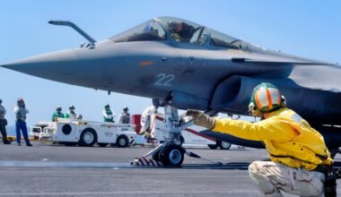 (July 20, 2008) Lt. Cmdr. Christopher Biggs shoots a French F-2 Rafale off the aircraft carrier USS Theodore Roosevelt (CVN 71) during combined French and American carrier qualifications. This event marks the first integrated U.S. and French carrier qualifications aboard a U.S. aircraft carrier. U.S. Navy photo by Mass Communication Specialist 3rd Class Jonathan Snyder (Released)