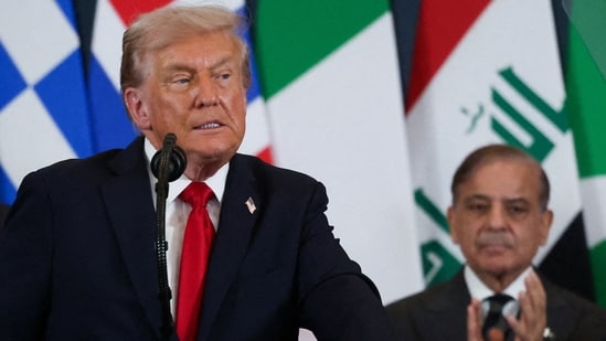 US President Donald Trump speaks as Pakistani Prime Minister Shehbaz Sharif applauds during the Gaza summit in Sharm El-Sheikh. (AFP) US President Donald Trump speaks as Pakistani Prime Minister Shehbaz Sharif applauds during the Gaza summit in Sharm El-Sheikh. (AFP)