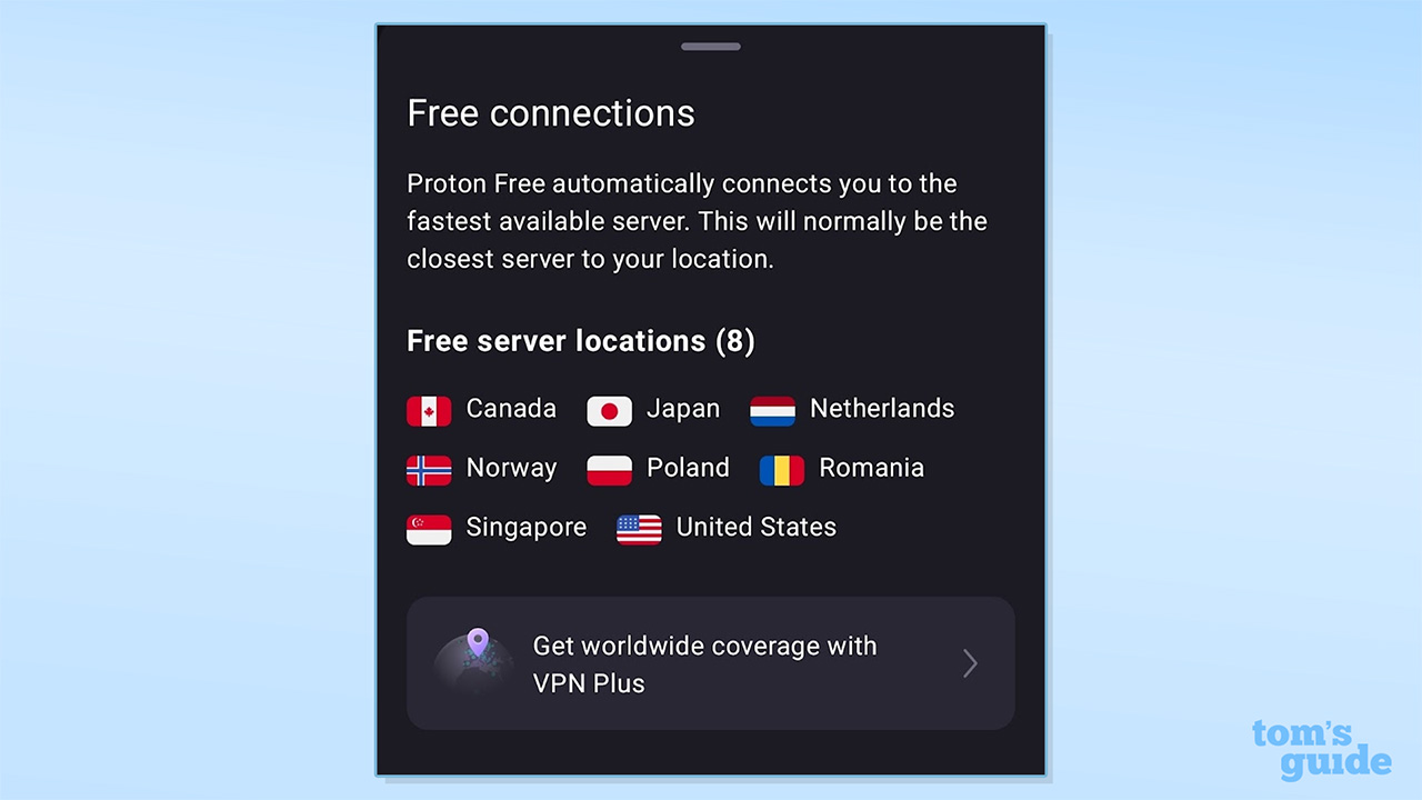 Proton VPN screenshot of its updated free server offering