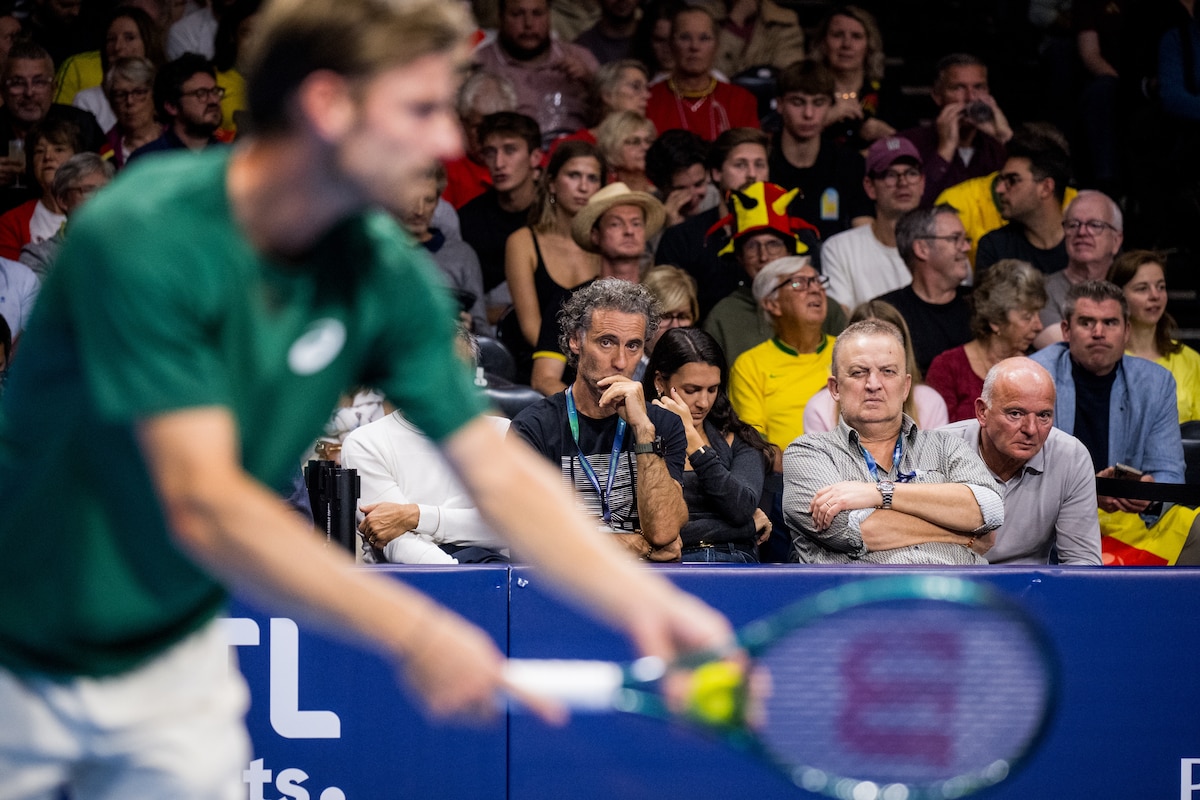 Belgian David Goffin, Jean Demeroutis, Goffin's father Michel Goffin and Goffin's wife Stephanie Tuccitto are seen at the European Open ATP tennis tournament in Brussels, on Tuesday 14 October 2025. This year's edition of the tournament is taking place from 12 to 19 October 2025. BELGA PHOTO JASPER JACOBS