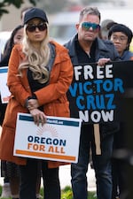 Supporters gather to call for the release of Hillsboro resident Victor Cruz on Wednesday, Oct. 29, 2025 in Hillsboro, Ore. Cruz was detained by ICE in early October during a surge in ICE arrests in the area.