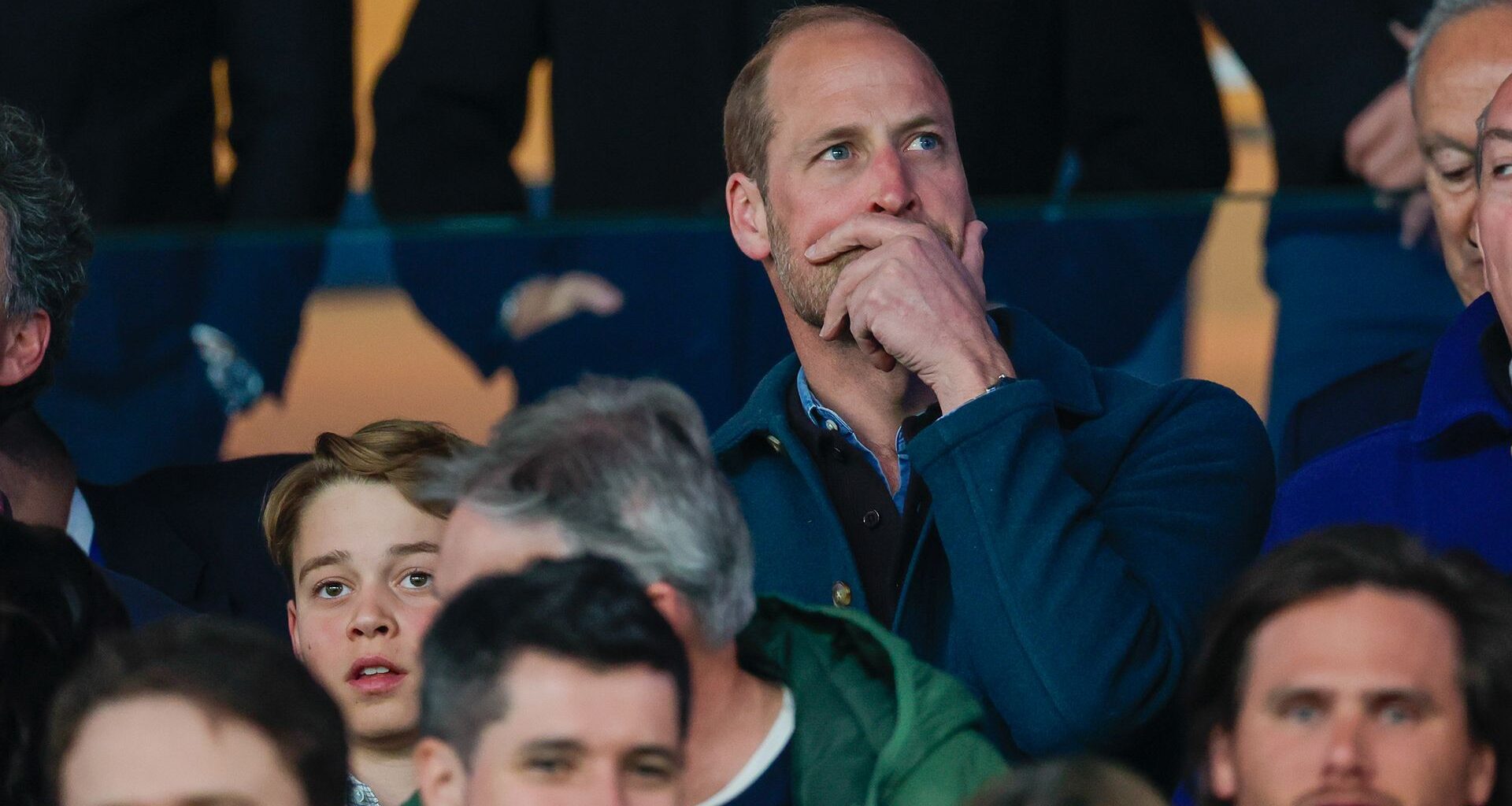 PARIS, FRANCE - APRIL 09: Prince George of Wales and Prince William, Prince of Wales are seen during the UEFA Champions League 2024/25 Quarter Final First Leg match between Paris Saint-Germain and Aston Villa FC at Parc des Princes on April 09, 2025 in Paris, France. (Photo by Pierre Suu/Getty Images)