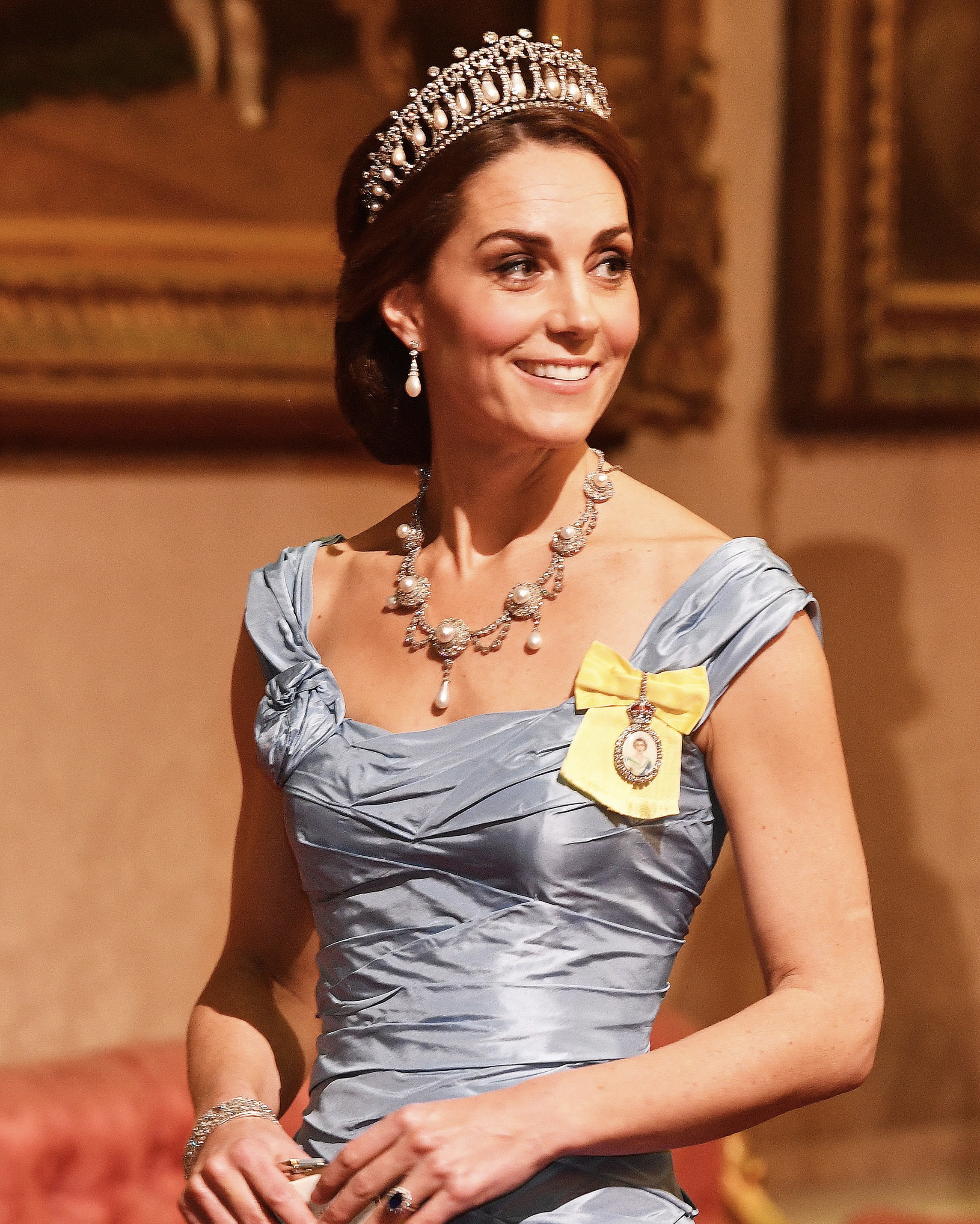 The Royal History of The Cambridge Lover's Knot Tiara 9 Kate Middleton wears the Lover's Knot Tiara during a State Banquet at Buckingham Palace on October 23, 2018 in London, England