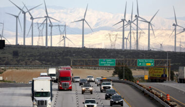 Wind turbines operate adjacent to a highway near Whitewater, Calif. Credit: Mario Tama/Getty Images