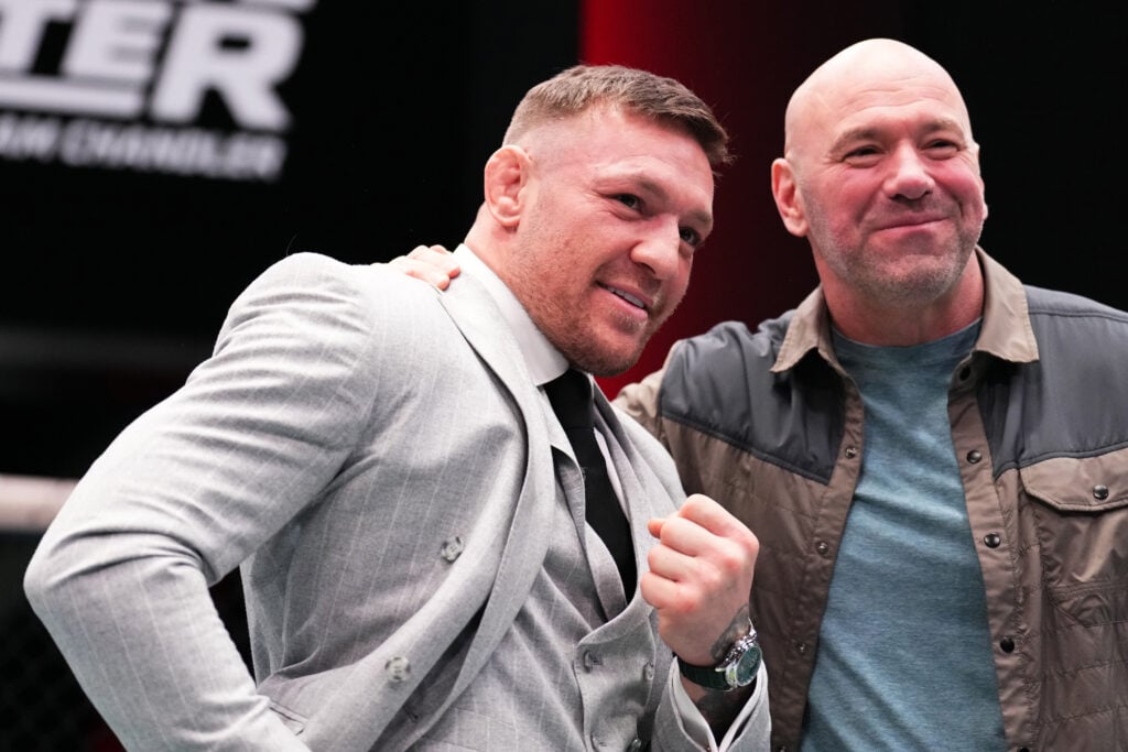Conor McGregor and Dana White pose for a picture on The Ultimate Fighter set
