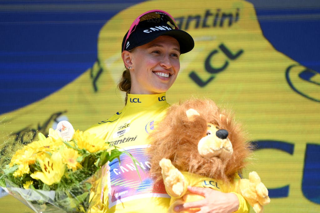 AMNEVILLE, FRANCE - AUGUST 15: Katarzyna Niewiadoma of Poland and Team Canyon//SRAM Racing celebrates at podium as Yellow Lader Jersey winner during the 3rd Tour de France Femmes 2024, Stage 5 a 152.2km stage from Bastogne to Amneville / #UCIWWT / on August 15, 2024 in Amneville, France. (Photo by Alex Broadway/Getty Images)
