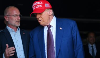 President-elect Donald Trump speaks to Brendan Carr, his intended pick for Chairman of the Federal Communications Commission, as he attends a viewing of the launch of the sixth test flight of the SpaceX Starship rocket on November 19, 2024 in Brownsville, Texas.