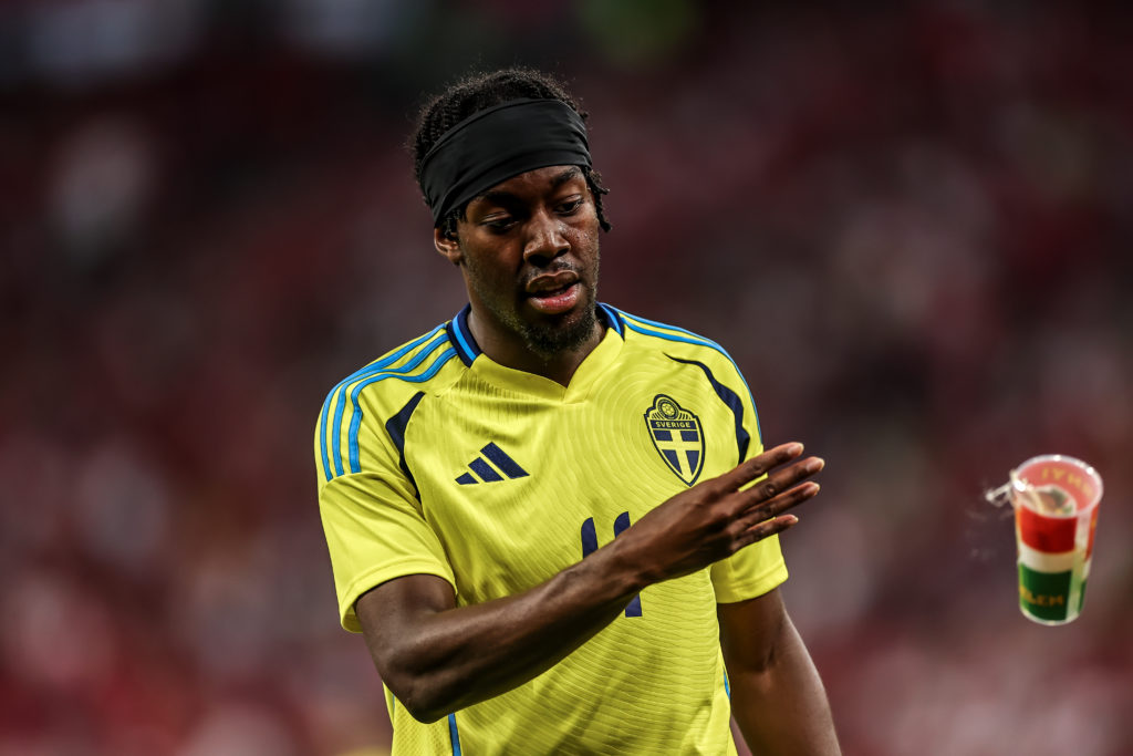 Nottingham Forest attacker Anthony Elanga playing for Sweden in a friendly against Hungary.