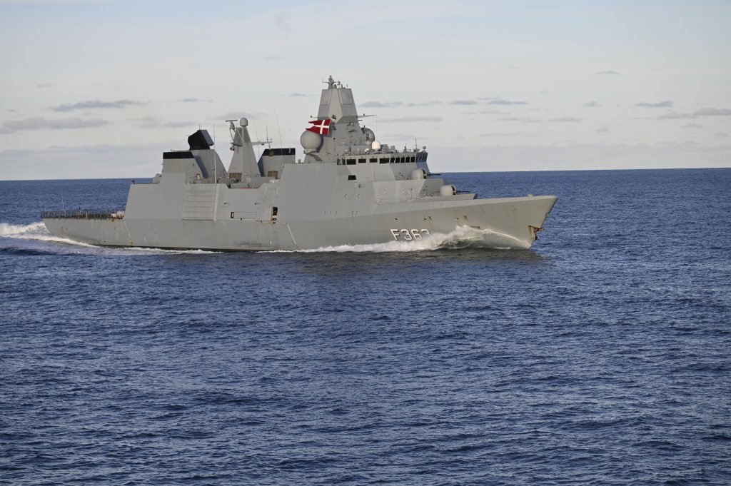 Danish Navy frigate HDMS Niels Juel sails during NATO Neptune Strike 2025 exercise on September 24, 2025 in the North Sea. Denmark and Norway are participating this week in NATO's Neptune Strike 25-3 military exercises, which are taking place in the Baltic Sea and North Sea and involve the US aircraft carrier Gerald Ford. (Photo by Jonathan KLEIN / AFP) (Photo by JONATHAN KLEIN/AFP via Getty Images)
