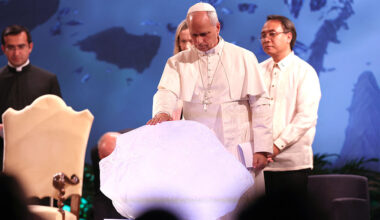 CASTELGANDOLFO, ITALY - 2025/10/01: Pope Leo XIV blesses a piece of the glacier from Greenland during the international conference. Pope Leo XIV takes part in the *"Raising Hope for Climate Justice"* International Conference, marking its tenth anniversary, organized by the Laudato Si' Movement at the Mariapolis Center. (Photo by Marco Iacobucci/SOPA Images/LightRocket via Getty Images)