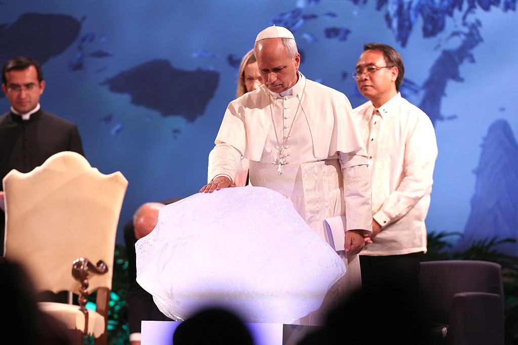 CASTELGANDOLFO, ITALY - 2025/10/01: Pope Leo XIV blesses a piece of the glacier from Greenland during the international conference. Pope Leo XIV takes part in the *"Raising Hope for Climate Justice"* International Conference, marking its tenth anniversary, organized by the Laudato Si' Movement at the Mariapolis Center. (Photo by Marco Iacobucci/SOPA Images/LightRocket via Getty Images)