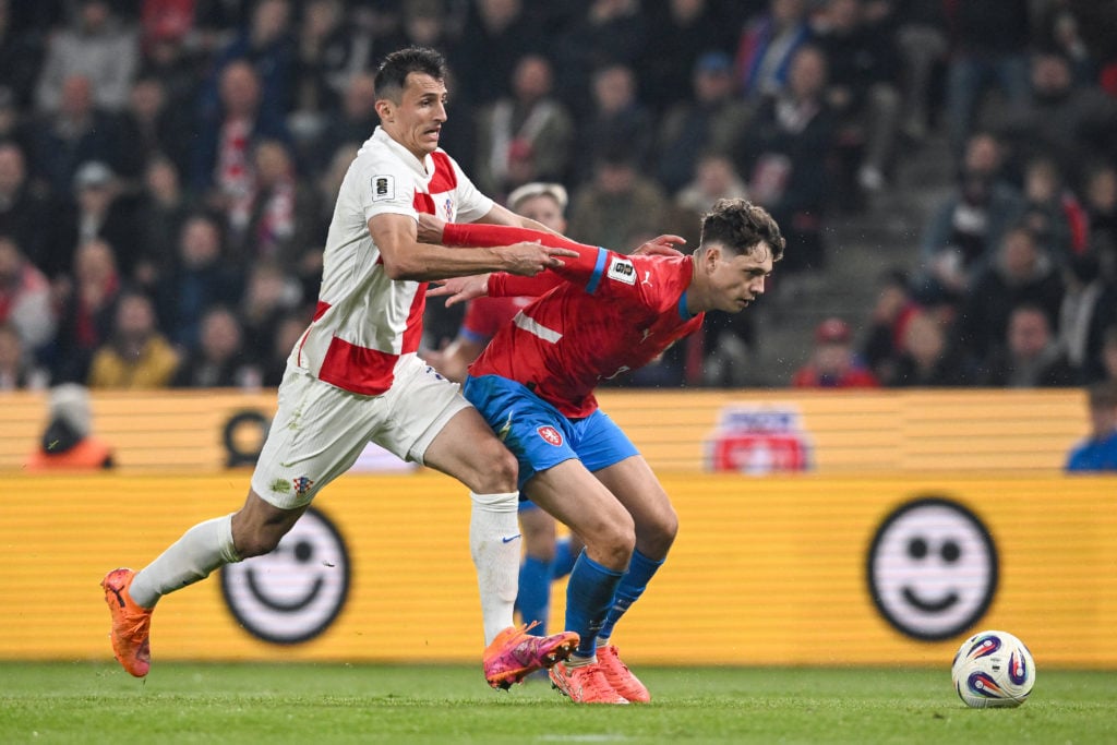 Ante Budimir of Croatia and Ladislav Krejci of Czechia during the FIFA World Cup 2026 qualifier match between Czechia and Croatia