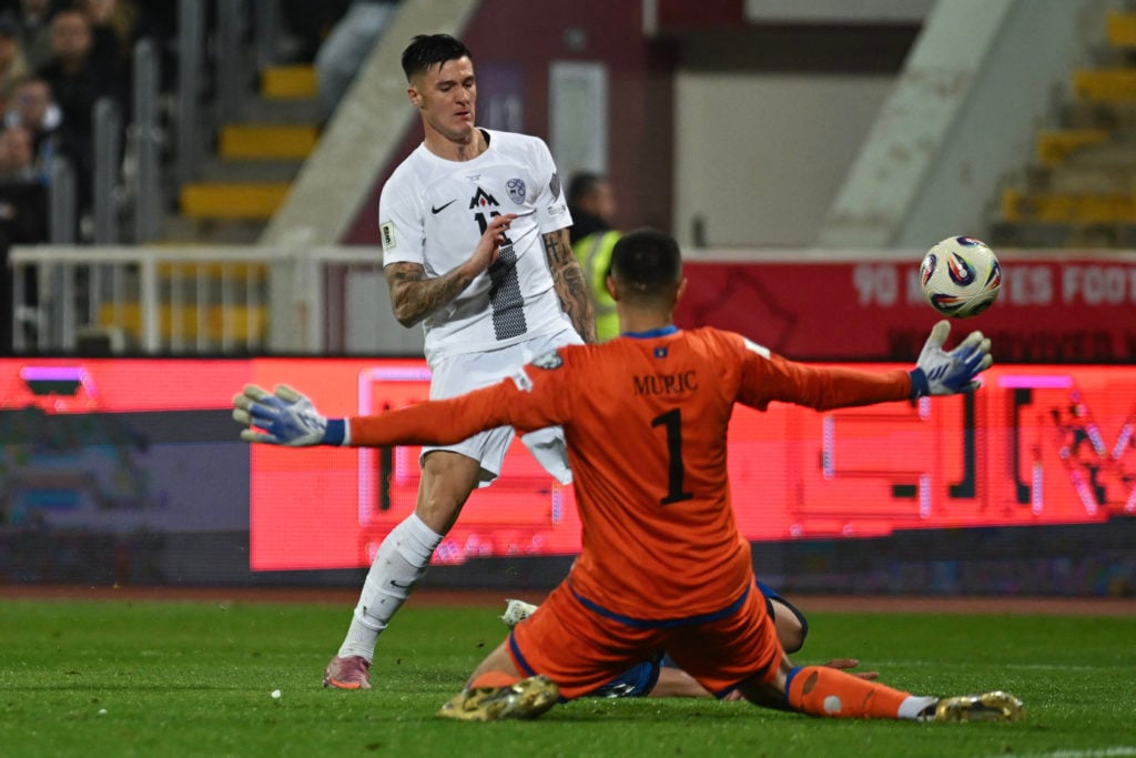 Slovenia striker Benjamin Sesko misses an opportunity to score against Kosovo in World Cup qualifying