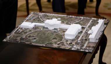 A rendering of President Donald Trump's proposed 90,000-square-feet White House ballroom is displayed in the Oval Office on Oct. 22.