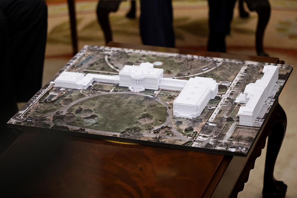 A rendering of President Donald Trump's proposed 90,000-square-feet White House ballroom is displayed in the Oval Office on Oct. 22.