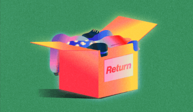 Cardboard box with a return label, with a bunch of clothes stuffed inside, on a green background