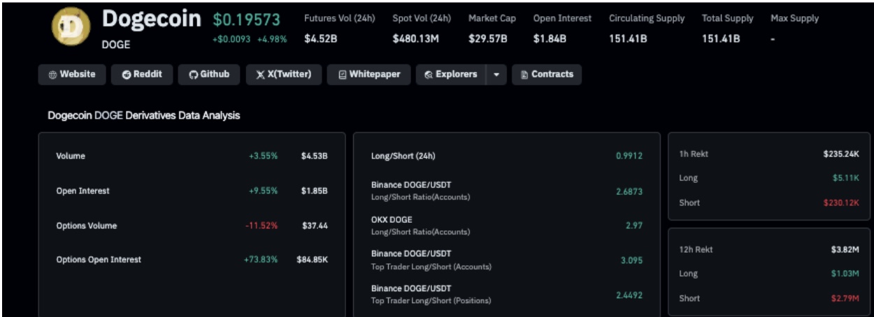 Dogecoin Derivatives Market Data as of Oct 19, 2025 | Source: Coinglass