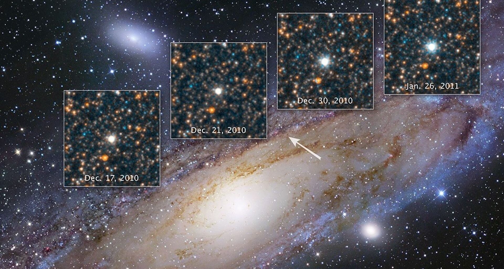 A photo of the Andromeda galaxy with four insets showing the variable brightness of M31