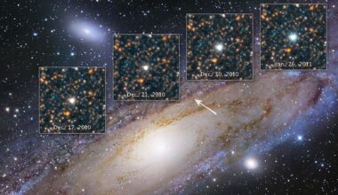 A photo of the Andromeda galaxy with four insets showing the variable brightness of M31