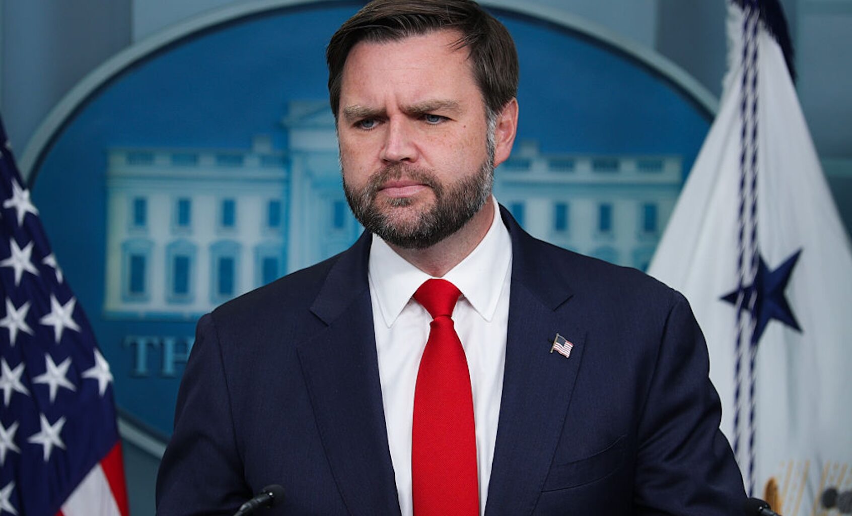 Vice President JD Vance takes questions from reporters about the government shutdown at the White House on Oct. 1, 2025. (Alex Wong/Getty Images)