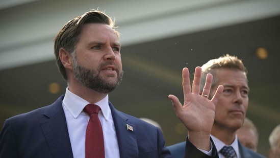 JD Vance speaks next to Transportation Secretary Sean Duffy during a press conference outside the West Wing (AFP)