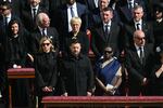 Ukraine's President Volodymyr Zelensky, center, and his wife Olena Zelenska, left, stand alongside other leaders including India's President Droupadi Murmu, second right, and Hungary's President Tamas Sulyok, right, as they attend the late Pope Francis' funeral ceremony.