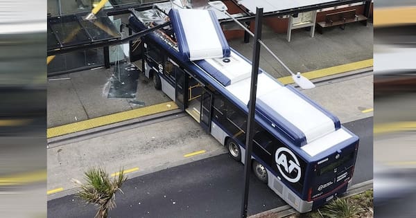 Electric bus crashes into transport hub in Auckland's New Lynn
