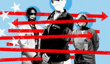 A photo illustration showing three physicians standing wearing face masks and looking forward. The black and white images are cutout and set on a light blue background. About a half dozen red lines with arrows pointing either left or right are crossing over them, like stripes on a flag. On the left, there are five white stars floating on the background.