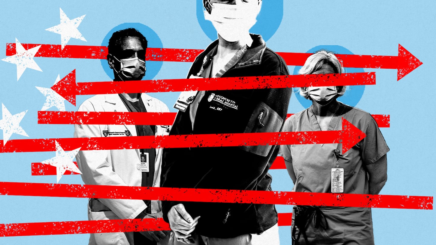 A photo illustration showing three physicians standing wearing face masks and looking forward. The black and white images are cutout and set on a light blue background. About a half dozen red lines with arrows pointing either left or right are crossing over them, like stripes on a flag. On the left, there are five white stars floating on the background.