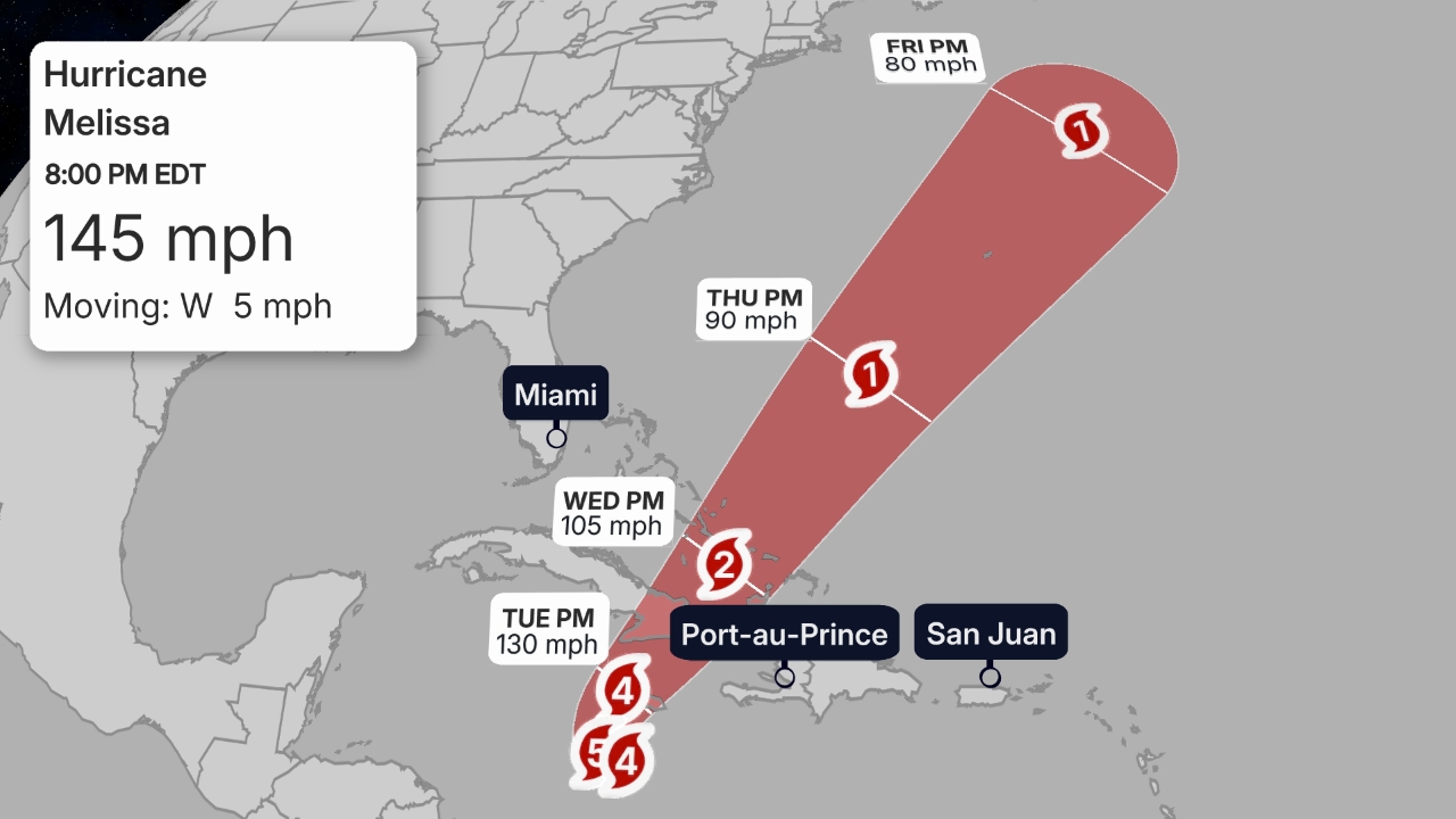 The red-shaded area denotes the potential path of the center of the tropical cyclone. It's important to note that impacts (particularly heavy rain, high surf, coastal flooding, winds) with any tropical cyclone usually spread beyond its forecast path.

