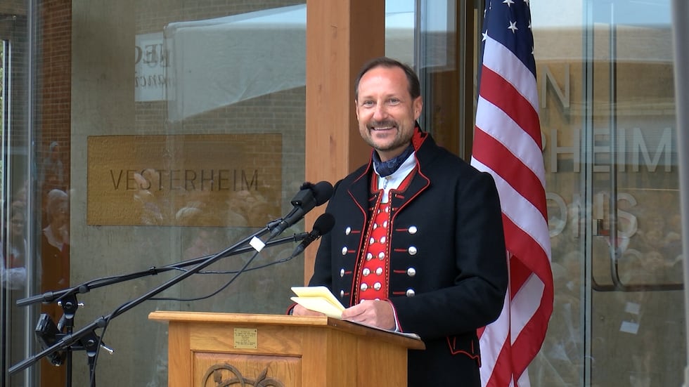(Figure 2 of 5): Prince Haakon of Norway giving a speech in front of Vesterheim...
