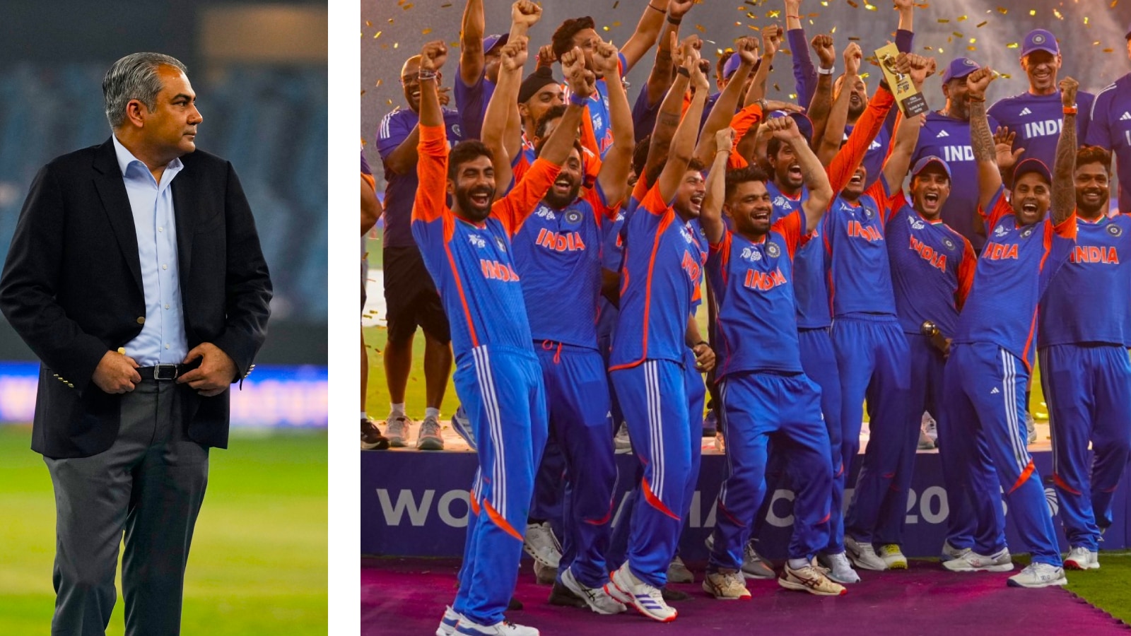 (LEFT) Pakistan Interior Minister and President of the Asian Cricket Council Mohsin Naqvi; (RIGHT) Team India players mimic holding up a trophy as they celebrate after winning the Asia Cup cricket final against Pakistan at Dubai International Cricket Stadium. (Photos: AP)