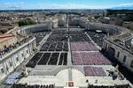 A photograph taken from St Peter Basilica shows a general view of late Pope Francis' coffin.