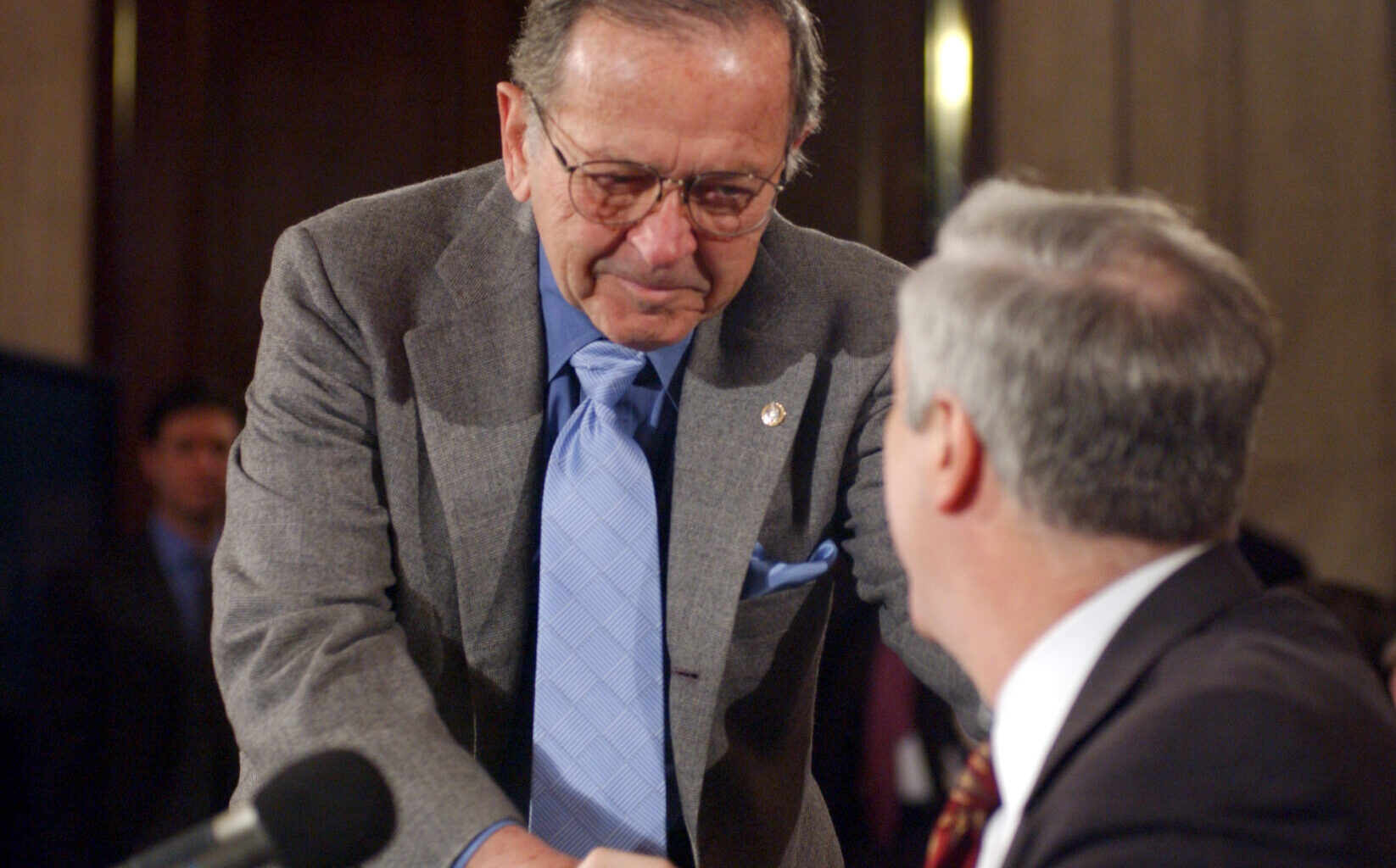 Late-Sen. Ted Stevens, R-Alaska, waged a battle for years to open the door to oil and gas drilling in the arctic refuge. He is seen in 2003 greeting the administrator of NASA, Sean O'Keefe, at a committee hearing on the space shuttle Columbia accident.