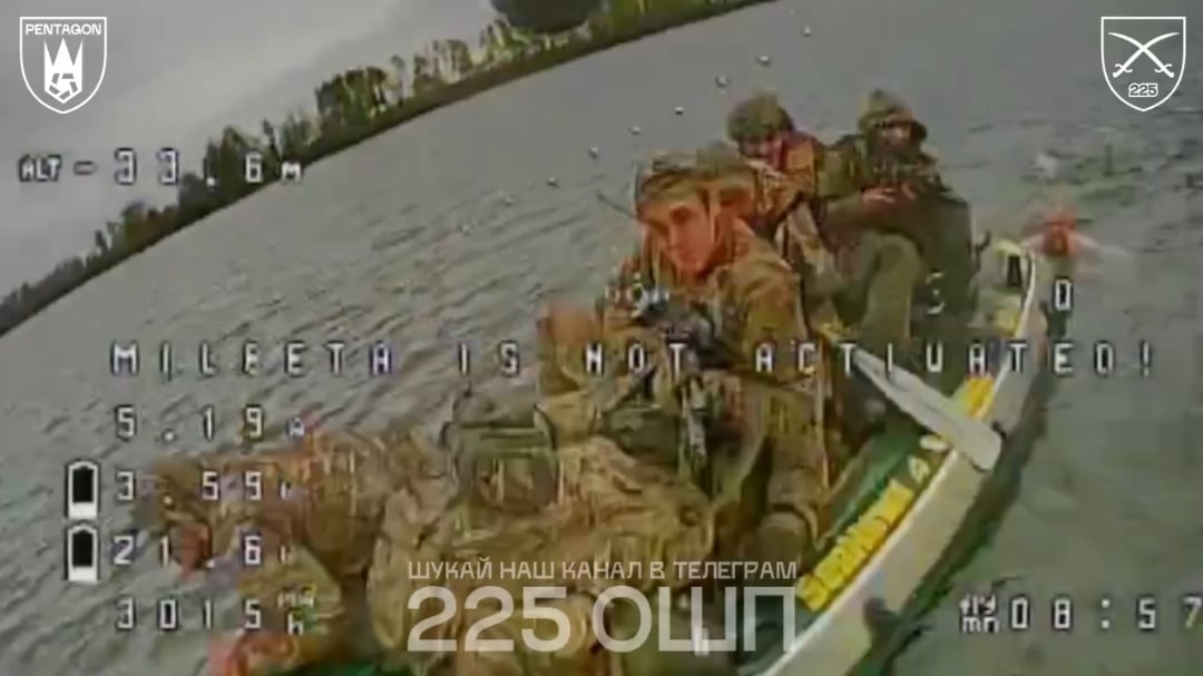 Boat full of Russian soldiers hit by Ukrainian strike drone operated by the Pentagon unit of the 225th Assault Regiment. Sumy Border region. Published 02.10.2025