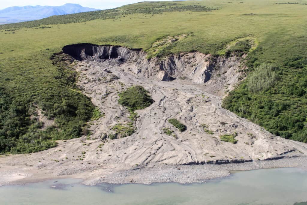A site in Alaska showing land slippage due to ice thawing
