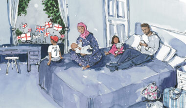 Illustration of a family sitting on a bed in a hotel room, with protesters outside the window.