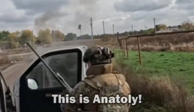 Russian drone shot down during evacuation of civilians from Hryshyne village in Donetsk region by Ukrainian soldiers and international volunteer. Published 12.10.2025