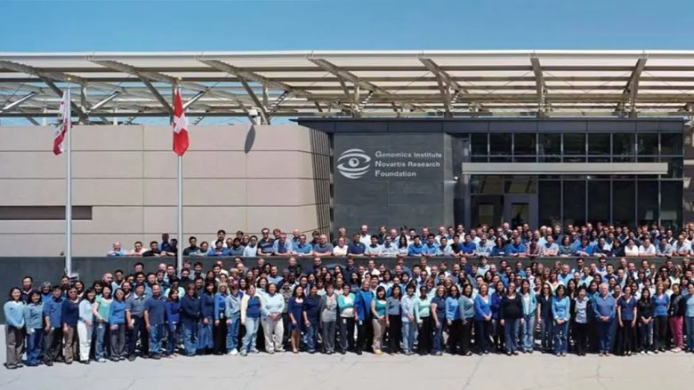 Novartis staff outside a company facility