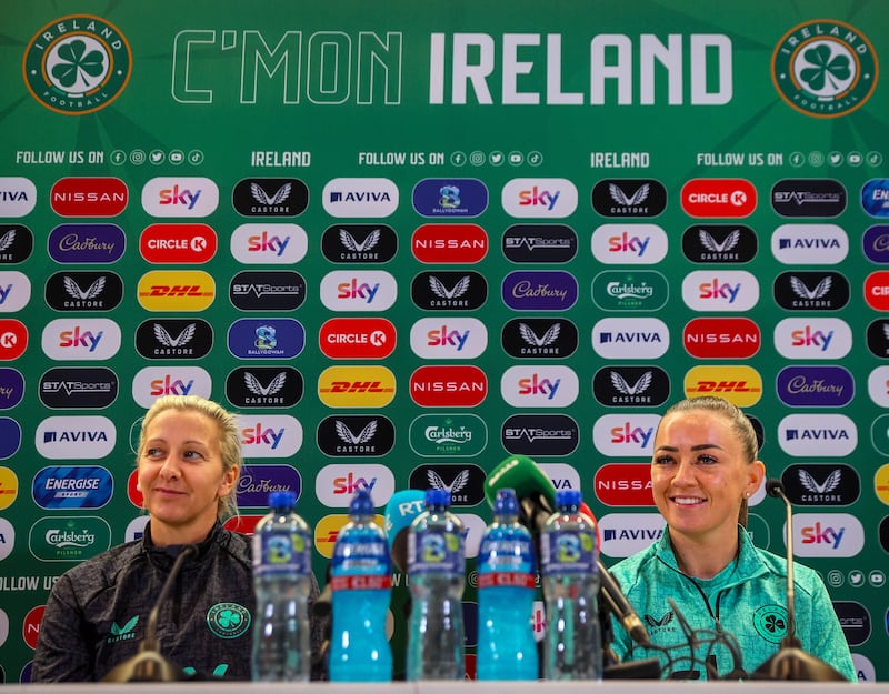 Ireland head coach Carla Ward and Katie McCabe. Photograph: Ryan Byrne/Inpho