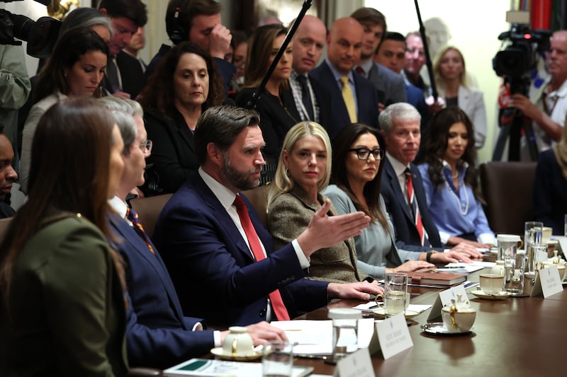Vice President JD Vance delivers remarks during a Cabinet meeting with President Donald Trump at the White House on October 09, 2025 where he joked about Minority Leader Schumer as "Palestinian" as if that were some kind of insult while heaping praise on Trump's peace deal for Gaza.