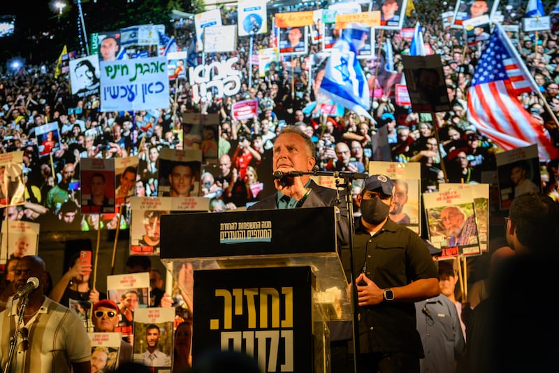 TEL AVIV, ISRAEL - OCTOBER 11: United States Special Envoy to the Middle East Steve Witkoff (C) speaks at the weekly 'Bring Them Home' rally in Hostage Square Hostages Square  on October 11, 2025 in Tel Aviv, Israel. This week's ceasefire deal between Israel and Hamas has brought an end to the two years of war that followed the attacks of Oct. 7, 2023. A condition of the deal is the return of 48 hostages held in Gaza, 20 of whom are believed to be alive. (Photo by Alexi Rosenfeld/Getty Images)