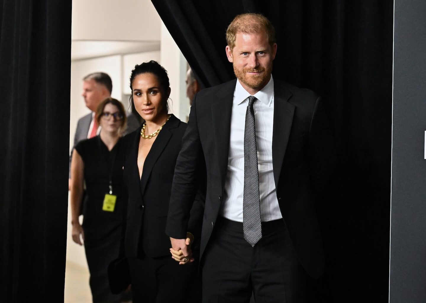 Meghan Markle, left, and Prince Harry, The Duke and Duchess of Sussex, attend the third annual World Mental Health Day Gala, hosted by Project Healthy Minds, at Spring Studios on Oct. 9.