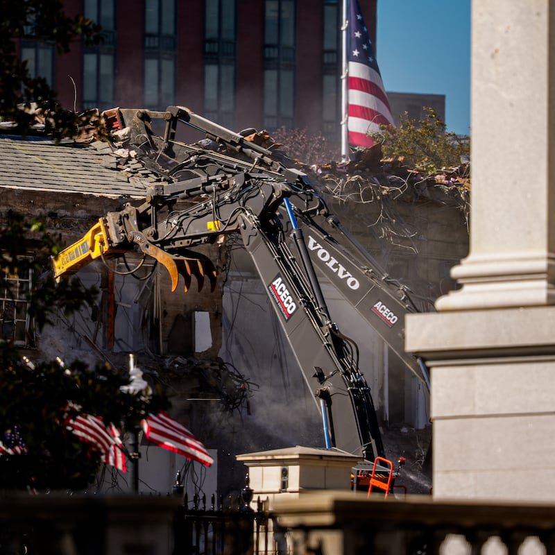 The facade of the East Wing of the White House is demolished by work crews on October 21, 2025 in Washington, D.C.