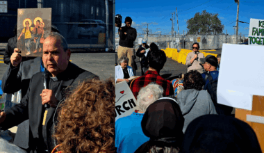 (Left) Bishop Manny Cruz blesses the witnesses in front of Delaney Hall. (Right) Witnesses listen to a local organizer. Photos shared by Sister Susan Francois, CSJP.