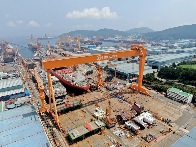 This photo provided by Hanwha Ocean shows a company shipyard. (Image courtesy of Yonhap)