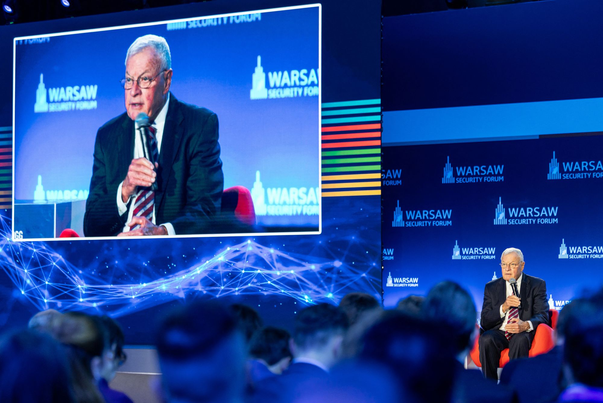US Special Envoy for Ukraine Keith Kellogg speaks on stage during a panel discussion with the title 'Securing Europe: Transatlantic Strategies in a Time of War and Uncertainty' on the second and last day of the Warsaw Security Forum (WSF) in Warsaw